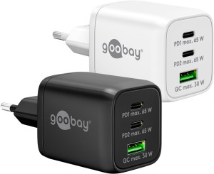 Goobay Snabbladdande kompakt GaN strömadapter med USB-A och 2x USB-C PD 65W svart/vit (Vit)