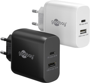 Goobay Snabbladdande kompakt GaN strömadapter med USB-A och USB-C PD 45W svart/vit (Svart)