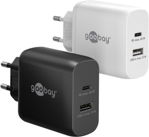 Goobay Snabbladdande kompakt GaN strömadapter med USB-A och USB-C PD 65W svart/vit (Vit)