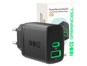 GreenCell snabbladdande USB-C och USB-A strömadapter 30W