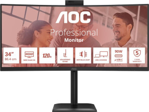 AOC CU34E4CW 34" Välvd ultrabred skärm med USB-C PD 90W KVM-switch och webcam