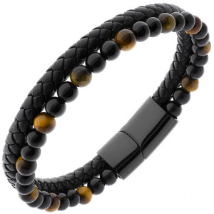 Bransoletka męska skórzana koraliki stal