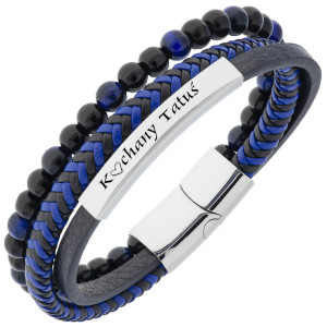 Bransoletka męska skórzana z grawerem dla taty niebieskie tygrysie oko