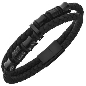 Bransoletka skórzana męska czarna podwójna plecionka