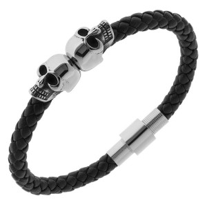 Bransoletka męska skórzana z czaszkami stal 316l