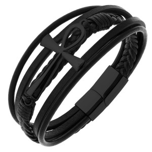 Bransoletka męska skórzana pleciona krzyż egipski