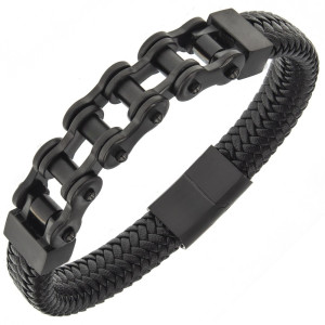 Bransoletka skórzana męska czarna moto chain łańcuch