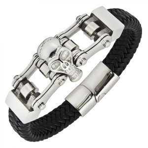Bransoletka męska skórzana moto chain z czaszką