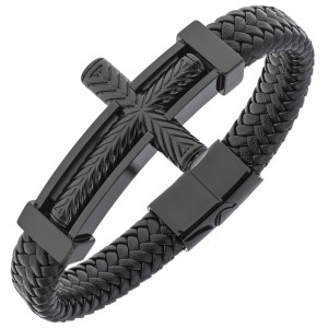Bransoletka męska skórzana stal krzyż plecionka