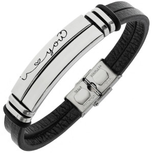 Bransoletka  z grawerem skórzana srebrna stal prezent