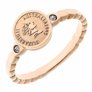 Pierścionek pozłacana stal różowe złoto moneta