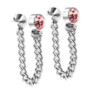 Kolczyki damskie pancerka łańcuszek różowa cyrkonia stal