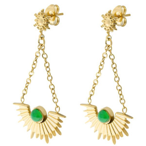 Kolczyki pozłacane wiszące kamień zielony stal 316l