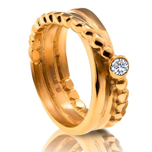 Pierścionek pozłacana stal cyrkonia potrójny