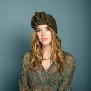 Wełniana opaska turban kwiat khaki.