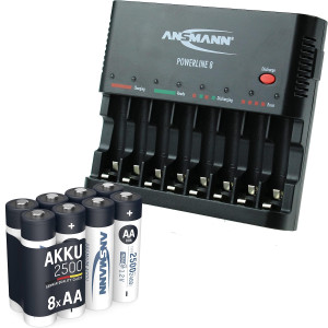 Ansmann Powerline 8 Battery Charger including 8 AA Batteries 2500mAh