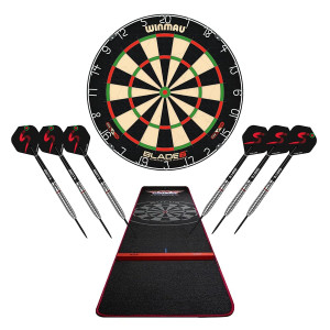 Dartstartkit | Winmau Blade 6 Dartstartkit med Bull’s Carpet Mat och Tungstenpilar | Winmau | Inkluderar darttavla, matta, pilar (22g/24g) | Perfekt f