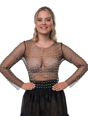 Oberteil Mesh mit Perlen und Strass schwarz S/M
