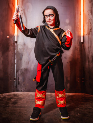 Kostüm Ninja 3-tlg. Kinder schwarz/rot/gold 164