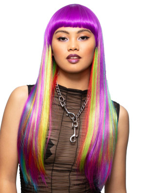Perücke Langhaar glatt mit Pony rainbow