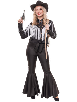Bluse Cowgirl mit Fransen Damen schwarz/weiß L/XL