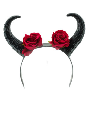 Haarreif mit Hörnern und Blumen schwarz/rot