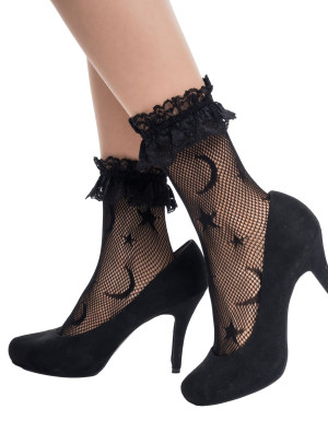 Socken Spitze Mond und Sterne schwarz one size
