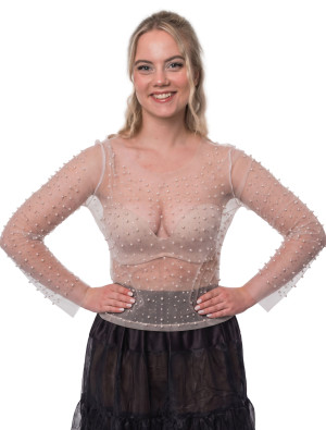 Oberteil Mesh mit Perlen und Strass weiß S/M