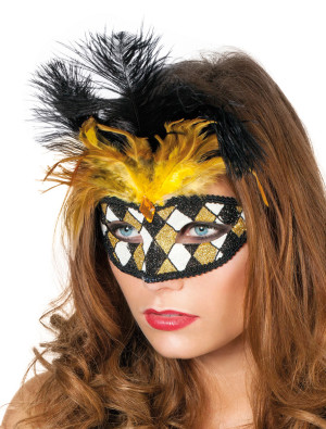 Maske Venedig mit Federn kariert schwarz/gold