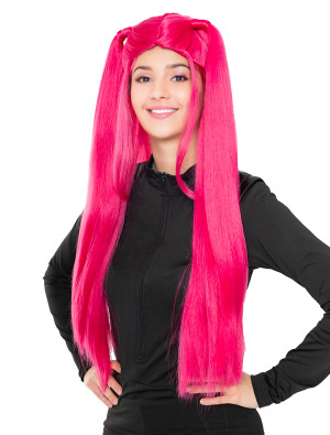 Perücke Langhaar glatt mit Zöpfchen Damen pink