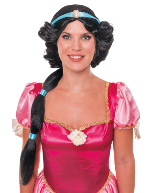 Perücke Zopf mit Haarband und Brosche schwarz
