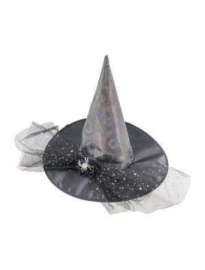 Hexenhut mit Spinne und Tüll schwarz/silber one size