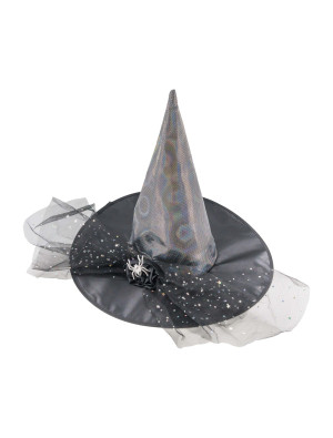 Hexenhut mit Spinne und Tüll schwarz/silber one size