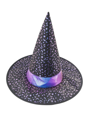 Hexenhut Mond und Sterne schwarz/lila one size