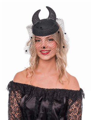 Fascinator mit Schleier und Hörnern schwarz