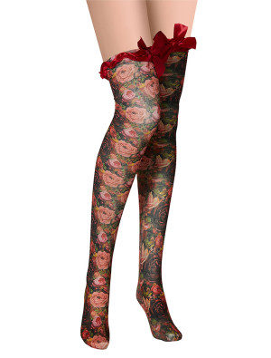 Overknee Strümpfe mit Schleife Blumen bunt one size