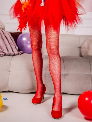 Netzstrumpfhose mit Strasssteinen rot one size