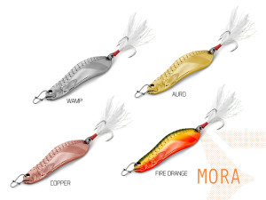 Cuillère ondulante Delphin MORA 30g FIRE ORANGE hook #4 Lime, Gold, Brown, Gray 30g FIRE ORANGE hook #4