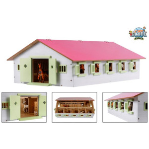 Dema Ecurie 9 boxes en bois - toit rose - 62 x 43 x 22 cm - Ferme 1:32