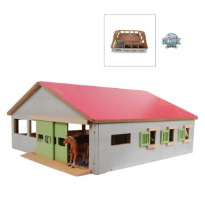 Dema Ecurie 3 boxes en bois - toit rose - 62 x 56 x 26 cm - Ferme 1:32