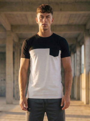 Czarno-biały bez nadruku t-shirt męski z kieszonką Denley 8T91