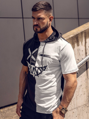 Czarno-biały bawełniany t-shirt męski z nadrukiem z kapturem Bolf 8T981A