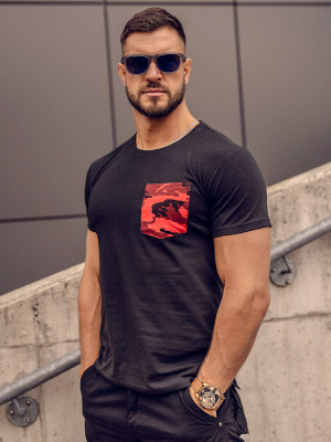 Czarny t-shirt męski z kieszonką z nadrukiem moro Denley 8T85