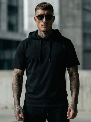 Czarny bawełniany t-shirt męski bez nadruku z kapturem Bolf 14513