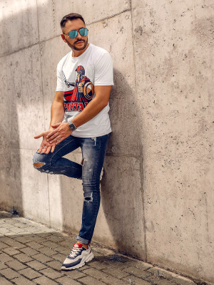 Biały bawełniany t-shirt męski z nadrukiem Bolf 143017A