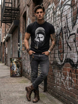Czarny t-shirt męski z nadrukiem Bolf 142175