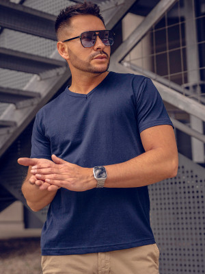 Granatowy t-shirt męski bez nadruku w serek Bolf 192131A