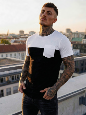 Biało-czarny bez nadruku t-shirt męski z kieszonką Denley 8T91