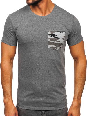 Grafitowy t-shirt męski z kieszonką z nadrukiem moro  Denley 8T85