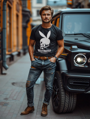 Czarny bawełniany t-shirt męski z nadrukiem Bolf 192368A2